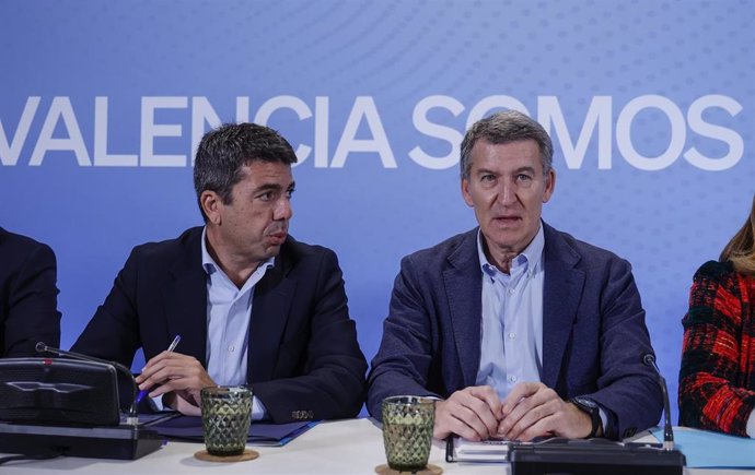 El presidente de la Generalitat Valenciana, Carlos Mazón, y el presidente del PP, Alberto Núñez Feijóo, durante un encuentro de trabajo con alcaldes y cargos del PP de Valencia, a 9 de enero de 2025, en Valencia ,Comunidad Valenciana (España).