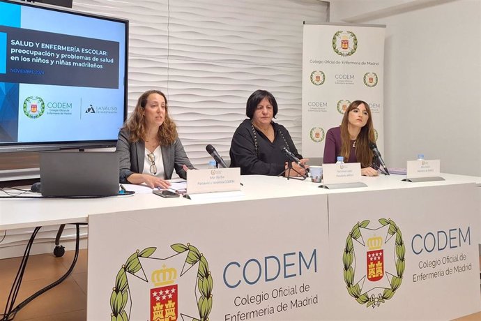 (I-D) La Portavoz De CODEM, Mar Rocha; La Presidenta De AMECE, Natividad López; Y La Portavoz De AMECE, Alba Soilán, En La Presentación De La Encuesta 'Salud Y Enfermería Escolar', El 14 De Enero De 2025, En Madrid.