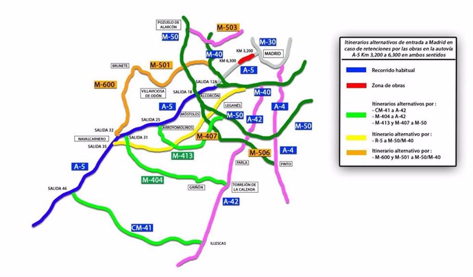 Itinerarios alternativos para evitar la zona de obras de la A-5