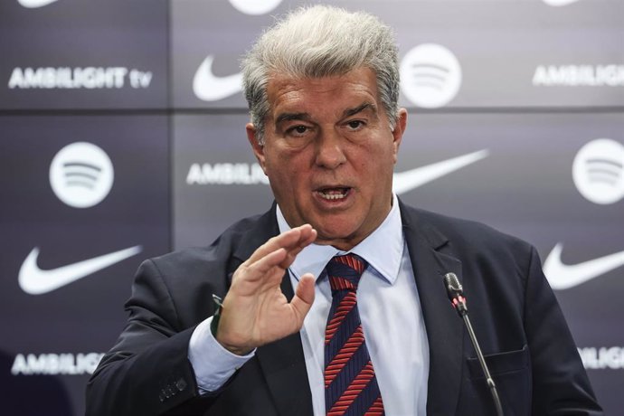 FC Barcelona President Joan Laporta attends his press conference in response to recent releases on the Olmo case at Ciudad Esportiva Joan Gamper on January 14, 2025 in Sant Joan Despi, Barcelona, Spain.