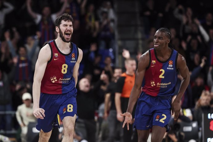 Dario Brizuela of FC Barcelona celebrates a basket with Dame Sarr during the Turkish Airlines Euroleague, match played between FC Barcelona and Fenerbahce Beko Istanbul at Palau Blaugrana on December 17, 2024 in Barcelona, Spain.