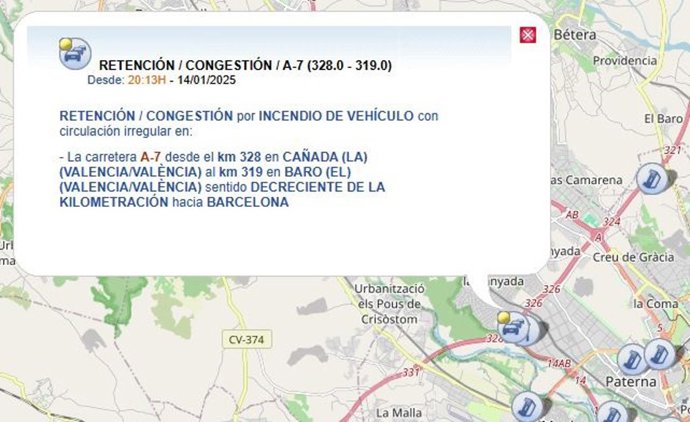 El incendio de un camión deja 9 kilómetros de retenciones en la A7 hasta La Canyada