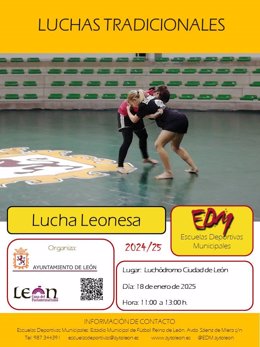 Cartel anunciador del taller de luchas tradicionales de las Escuelas Deportivas Municipales del Ayuntamiento de León