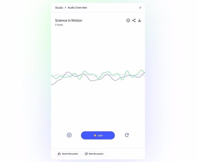 Programa de audio de 'Audio Overviews'  en el que el usuario puede unirse a la conversación con la IA