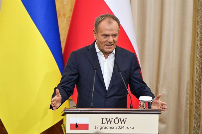 December 17, 2024, Lviv, Ukraine: LVIV, UKRAINE - DECEMBER 17, 2024 - Polish Prime Minister Donald Tusk speaks during a joint press conference with President of Ukraine Volodymyr Zelenskyy at the Potocki Palace, Lviv, western Ukraine,Image: 947916069, Lic