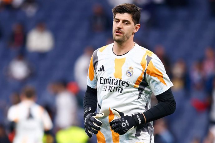 Thibaut Courtois of Real Madrid looks on during the Spanish League, LaLiga EA Sports, football match played between Real Madrid and Sevilla FC at Santiago Bernabeu stadium on December 22, 2024, in Madrid, Spain.