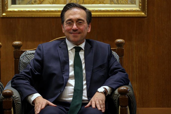 January 15, 2025, Beirut, Beirut, Lebanon: Spanish Foreign Minister JosĂ�Â Manuel Albares meets with Lebanese Speaker of the Parliament Nabih Berri (not in picture) during his visit to Beirut. Albares arrived in the country to meet with Lebanese politica