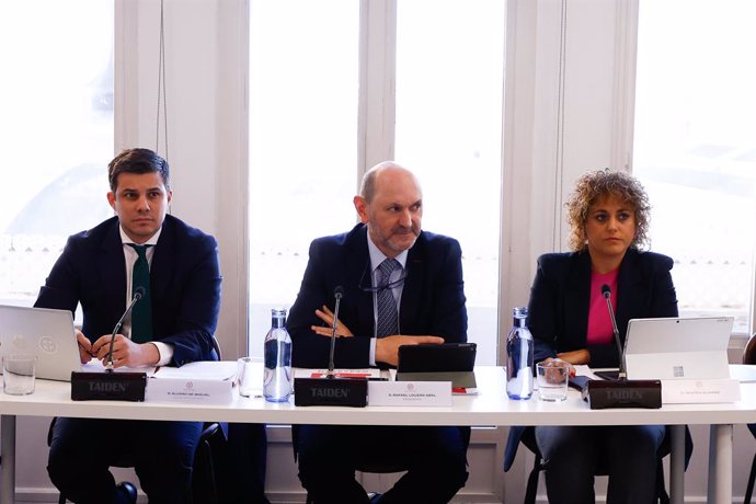 Alvaro de Miguel, Rafael Louzan, President of the Royal Spanish Football Federation, Beatriz Alvarez, president of Liga F, attend at  first meeting of the Federation Council at Espacio Loop 21 on December 26, Madrid, Spain.