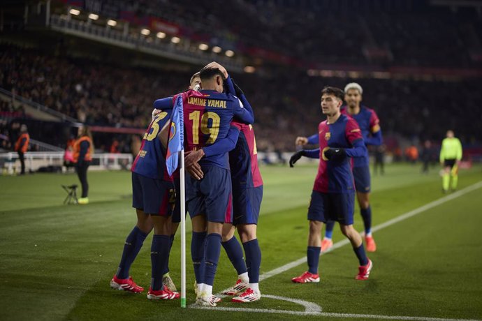 Jules Kounde of FC Barcelona celebrates after scoring goal  during the Copa del Rey Round of 16 match between FC Barcelona and Real Betis Balompie at Estadi Olimpic Lluis Companys on January 15, 2025, in Barcelona, Spain.