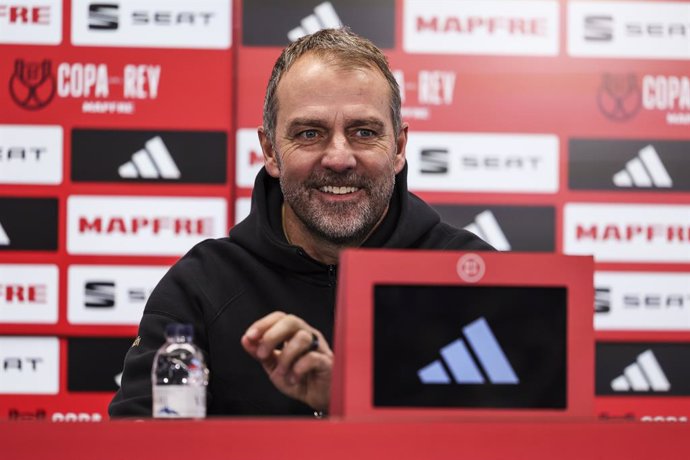 Hansi Flick, head coach of FC Barcelona attends his press conference during the training day of FC Barcelona ahead the Spanish Copa del Rey, football match against Real Betis at Ciudad Esportiva Joan Gamper on January 14, 2025 in Sant Joan Despi, Barcelon