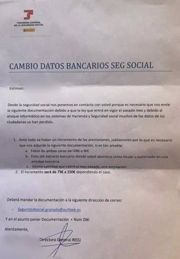 Carta estafa con el membrete de la Tesorería General de la Seguridad Social