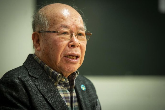 El superviviente del bombardeo de Nagasaki y premio Nobel de la Paz 2024en el Colegio Lourdes FUHEM, a 16 de enero de 2025, en Madrid (España).
