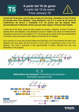 Afectacions de la línia T5 de TRAM a partir del 19 de gener