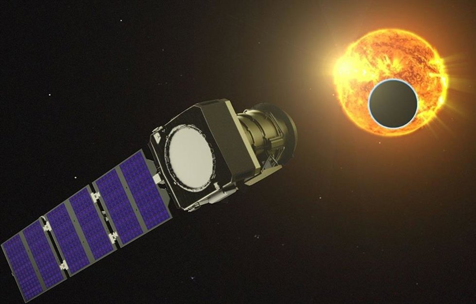 Una concepción artística de la misión Pandora, vista aquí sin la manta térmica que protegerá la nave espacial, observando una estrella y su exoplaneta en tránsito.