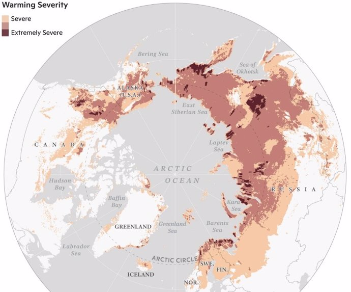 Mapa de áreas que experimentaron estrés climático en los ecosistemas de la región ártico-boreal entre 1997 y 2020, según lo detectado por múltiples variables, incluidos datos satelitales y registros de temperatura a largo plazo.