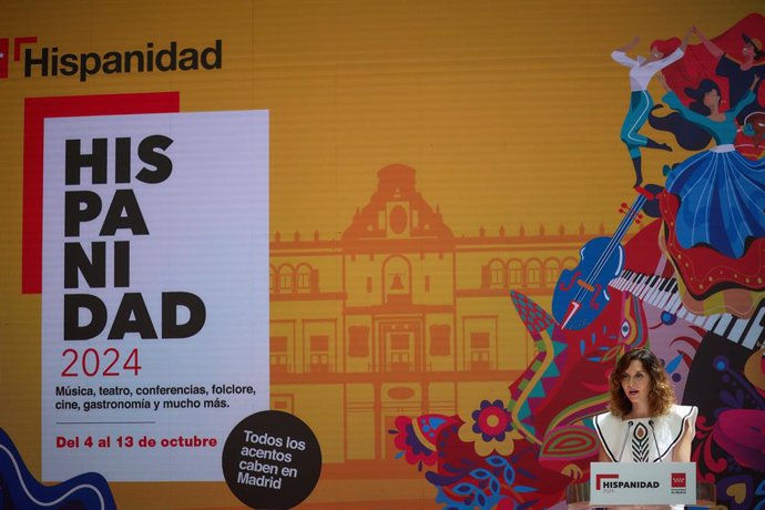 Archivo - La presidenta de la Comunidad de Madrid, Isabel Díaz Ayuso, interviene durante la presentación de la programación de Hispanidad 2024, en la Real Casa de Correos, a 10 de julio de 2024, en Madrid (España). Durante el acto, se han presentado las a