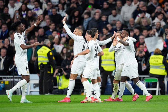 Vinicius Junior of Real Madrid celebrates a goal during the Spanish Cup, Copa del Rey, round of 16 football match played between Real Madrid and RC Celta de Vigo at Santiago Bernabeu stadium on January 16, 2025, in Madrid, Spain.