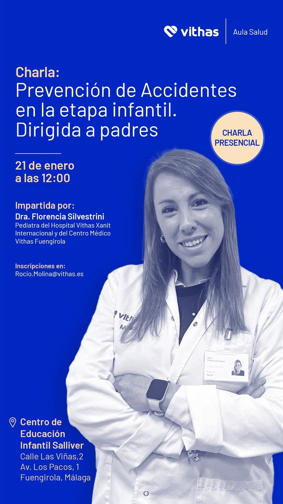 Cartel anunciador de la actividad que será impartida por la pediatra del hospital Vithas Xanit Internacionl y del Centro Médico Vithas Fuengirola, Florencia Silvestrini.