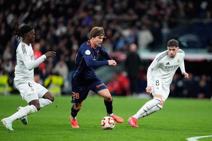 Fer Lopez of Celta de Vigo and Eduardo Camavinga of Real Madrid in action during the Spanish Cup, Copa del Rey, round of 16 football match played between Real Madrid and RC Celta de Vigo at Santiago Bernabeu stadium on January 16, 2025, in Madrid, Spain.