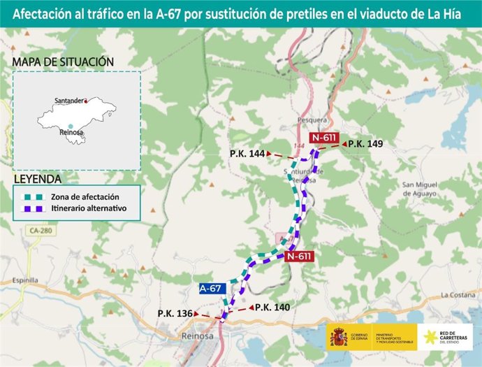 La calzada derecha de la A-67 se cortará al tráfico entre los enlaces de Reinosa Norte hasta el de Santiurde