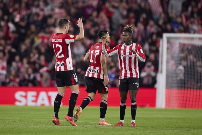 Nico Williams of Athletic Club celebrates after scoring goal during the Copa del Rey Round of 16 match between Athletic Club and CA Osasuna at San Mames on January 16, 2025, in Bilbao, Spain.