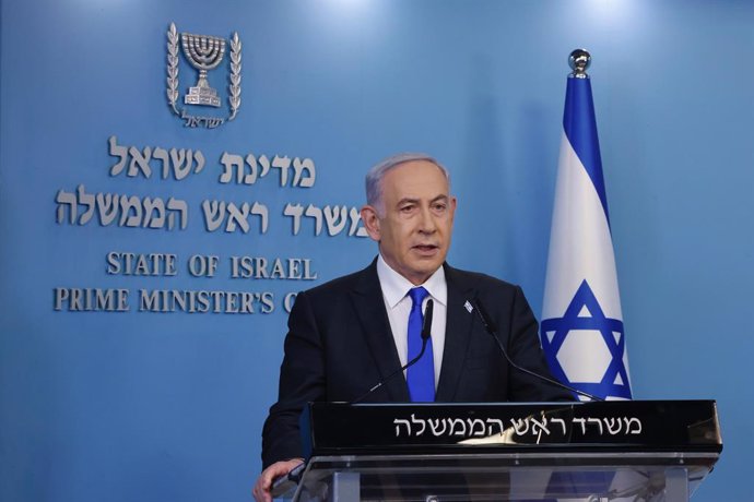 Archivo - JERUSALEM, Feb. 7, 2024  -- Israeli Prime Minister Benjamin Netanyahu speaks at a press conference at the Prime Minister's office in Jerusalem, on Feb. 7, 2024. Netanyahu rejected Hamas's proposal for a ceasefire in the Gaza Strip on Wednesday.