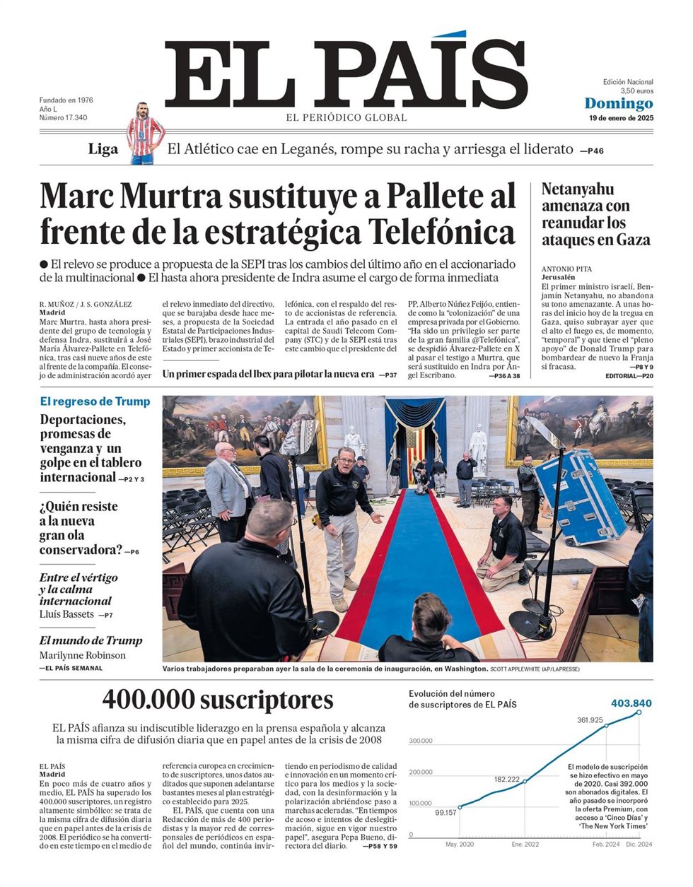 Portada del diario El País para el domingo 19 de enero de 2025.