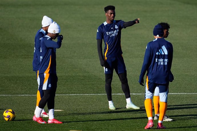 Aurelien Tchouameni during the training day of Real Madrid ahead the Spanish League, LaLiga EA Sports, football match against UD Las Palmas at Ciudad Deportiva Real Madrid on January 18, 2025, in Valdebebas, Madrid, Spain.