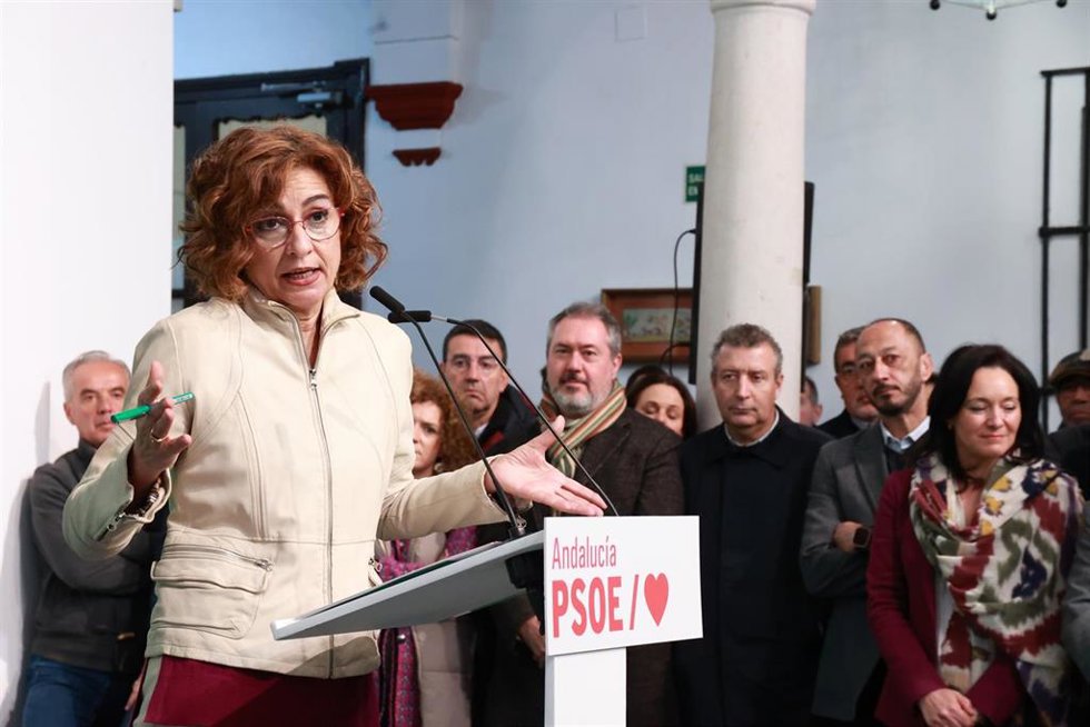 La nueva secretaria general del PSOE-A, María Jesús Montero, interviene durante la rueda de prensa. A 19 de enero de 2025 en Sevilla (Andalucía, España). La Comisión Regional de Ética del PSOE de Andalucía ha proclamado como secretaria general de la fed