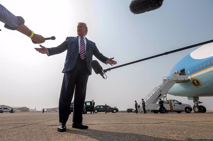 January 15, 2025: President Donald Trump speaks to the media at Sacramento McClellan Airport on Sept. 14, 2020, before he meets with California Gov. Gavin Newsom and state officials to discuss wildfires.,Image: 954017684, License: Rights-managed, Restrict