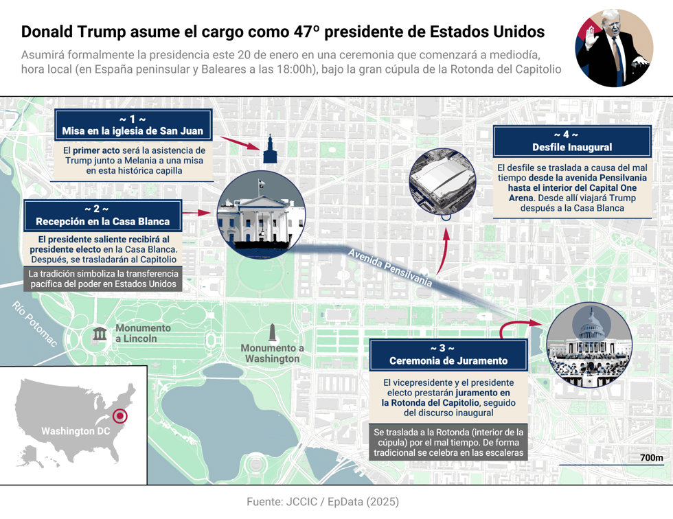 Infografía con datos y localizaciones de la investidura de Donald Trump como presidente de Estados Unidos que tendrá lugar el 20 de enero de 2025 en la Rotonda del Capitolio en Washington DC (Estados Unidos).