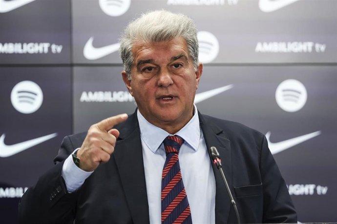 FC Barcelona President Joan Laporta attends his press conference in response to recent releases on the Olmo case at Ciudad Esportiva Joan Gamper on January 14, 2025 in Sant Joan Despi, Barcelona, Spain.