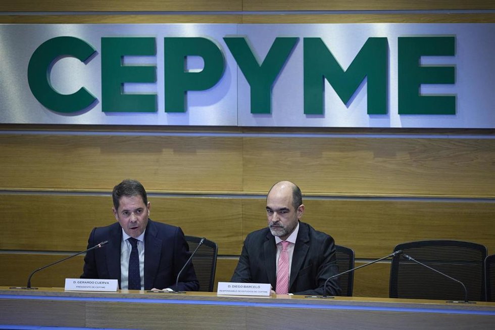El presidente de Cepyme, Gerardo Cuerva, presenta la jornada 'Crecimiento Empresarial. Crecer en tamaño para ser más productiva, en la sede de Cepyme, este lunes.