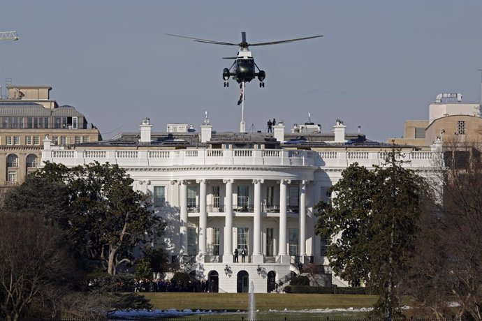 January 17, 2025, Washington, D.C, California, U.S: Marine One takes off in front of the White House carrying President Joe Biden. President-elect Donald Trump will be sworn in to office on Monday.