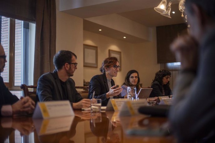 La ministra de Sanidad, Mónica García, durante la reunión para la creación del grupo de trabajo 'Anestesia Verde'.