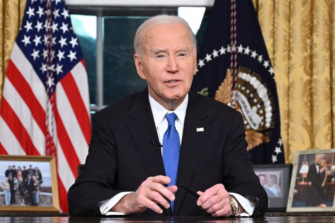 January 15, 2025, Washington, District Of Columbia, USA: United States President Joe Biden delivers his farewell address to the nation from the Oval Office of the White House in Washington, DC, on January 15, 2025