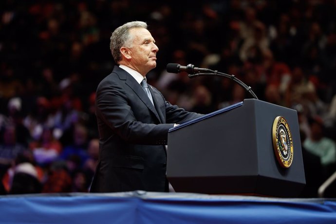 January 20, 2025, Washington, District Of Columbia, USA: WASHINGTON, DC - JANUARY 20: Middle East Envoy Steve Witkoff introduces U.S. President Donald Trump during an indoor inauguration parade at Capital One Arena on January 20, 2025 in Washington, DC. D