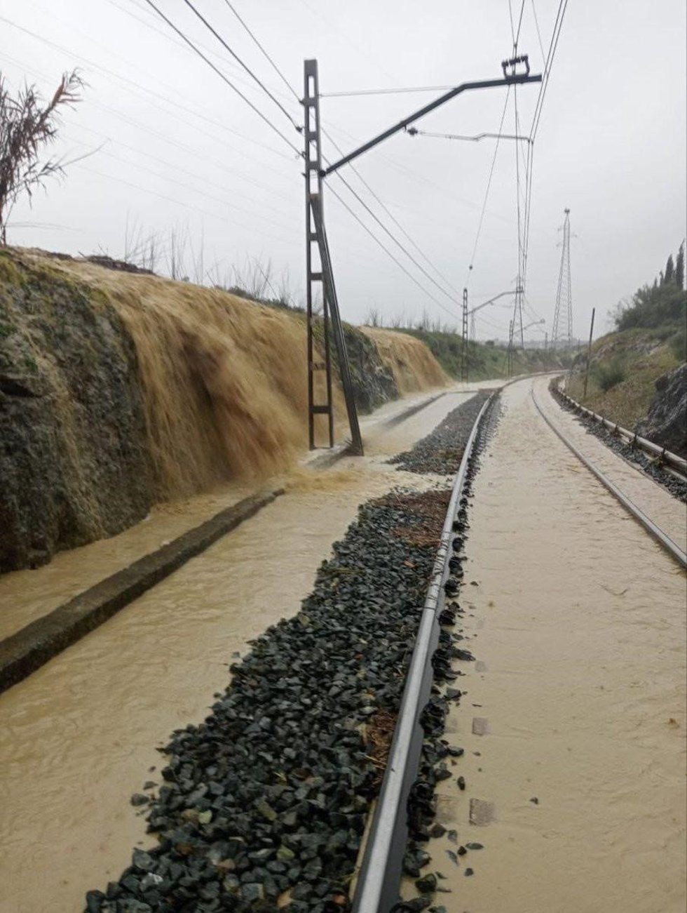 Tramo inundado entre San Juan del Puerto y Niebla de la línea férrea Huelva-Sevilla.