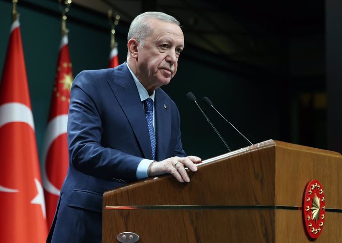 HANDOUT - 06 January 2025, Turkey, Ankara: Turkish President Recep Tayyip Erdogan speaks during a press conference after the Presidential Government Council meeting. Photo: -/Turkish Presidency/dpa - ATTENTION: editorial use only and only if the credit me