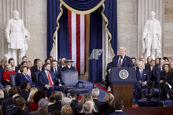 January 20, 2025, Washington, District Of Columbia, USA: US President Donald Trump delivers remarks after being sworn in as the 47th president of the United States in an inauguration ceremony in the rotunda of the United States Capitol in Washington, DC, 