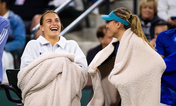 Archivo - Aryna Sabalenka of Belarus & Paula Badosa of Spain during the Tie Break Tens Eisenhower Cup at the 2023 BNP Paribas Open WTA 1000 tennis tournament