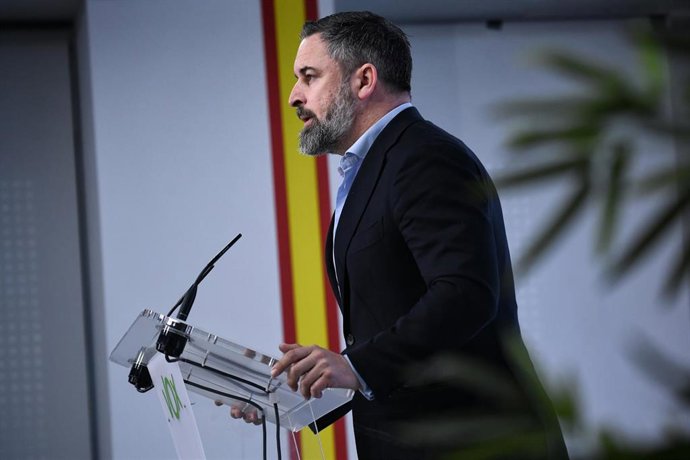El líder de VOX, Santiago Abascal, durante una rueda de prensa posterior al Comité de Dirección del partido.