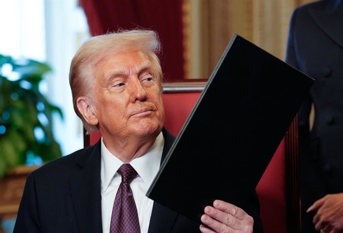 January 20, 2025, Washington, District Of Columbia, USA: Washington , DC - January 20: Newly sworn-in President Donald Trump takes part in a signing ceremony in the President's Room following the 60th inaugural ceremony on January 20, 2025, at the US Capi