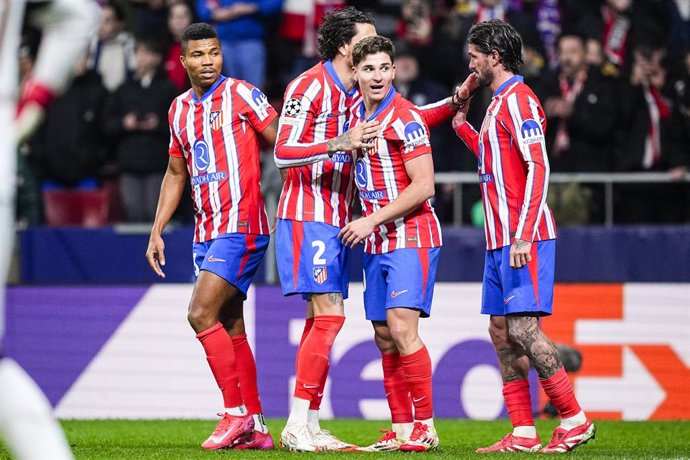 Julian Alvarez of Atletico de Madrid celebrates a goal during the UEFA Champions League 2024/25 League Phase MD7 match between Atletico de Madrid and Bayer 04 Leverkusen at Riyadh Air Metropolitano stadium on January 21, 2025, in Madrid, Spain.