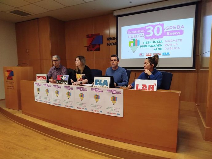 Rueda de prensa en Pamplona de los sindicatos Steilas, LAB, CCOO y ELA