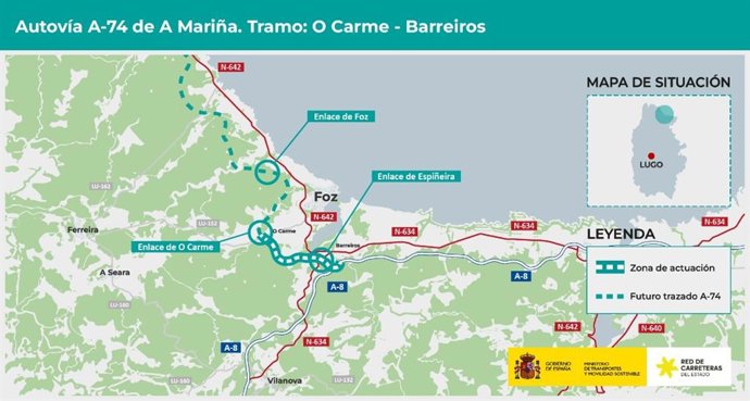 Transportes aprueba provisionalmente el proyecto de trazado del tramo de la A-74 entre O Carme y Barreiros, en Lugo.