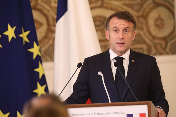 BAABDA (LEBANON), Jan. 17, 2025  -- Visiting French President Emmanuel Macron addresses a joint press conference with Lebanese President Joseph Aoun (not in the picture) at Baabda Palace in Baabda, Lebanon, on Jan. 17, 2025. Macron reaffirmed on Friday Fr