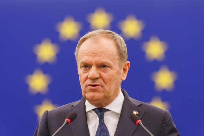 22 January 2025, France, Strasbourg: Donald Tusk, Poland's Prime Minister, speaks during a debate as part of a plenary session at the European Parliament. Photo: Philipp von Ditfurth/dpa