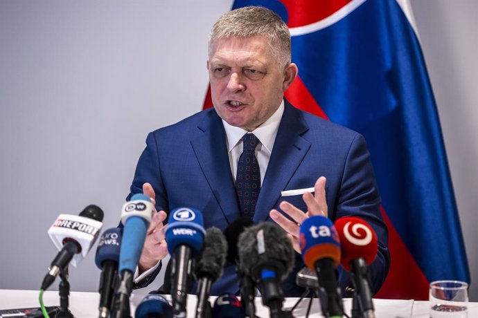 January 9, 2025, Brussels, Bxl, Belgium: Slovak Prime Minister Robert Fico holds a press conference following a meeting with European Commission officials in Brussels, Belgium on 09/01/2025 Fico discusses the impact of the recent halt in Russian gas trans