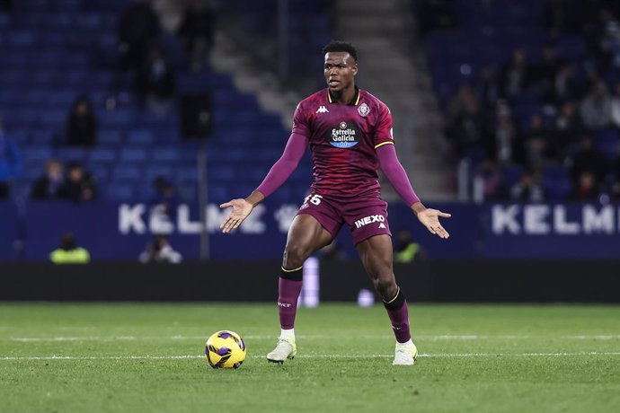 Juma Bah of Real Valladolid in action during the Spanish league, La Liga EA Sports, football match played between RCD Espanyol and Real Valladolid at RCDE Stadium on January 17, 2025 in Barcelona, Spain.